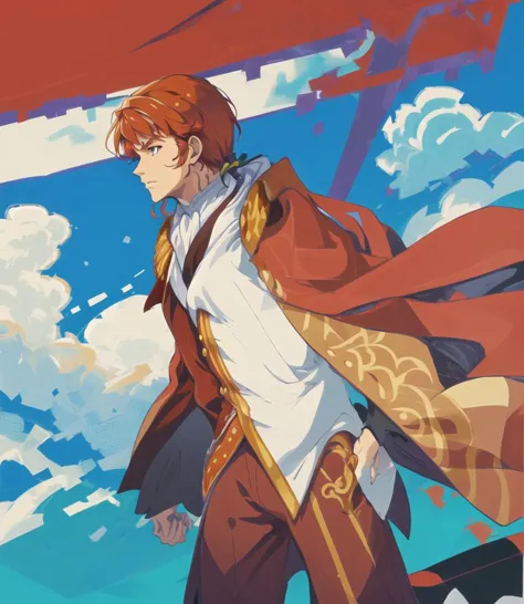 anime - style image of a man in a red cape and white shirt