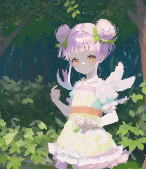 anime girl in a white dress standing in a forest