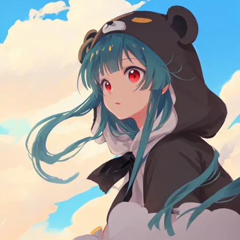 anime girl with blue hair and a black hoodie with a cat on her head