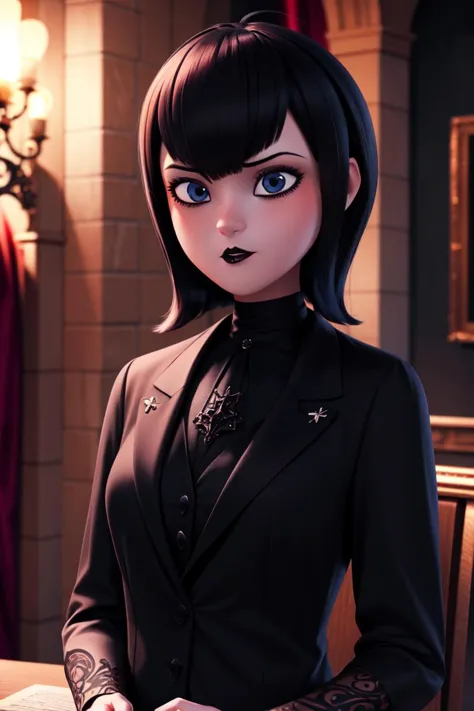 a woman in a black suit and black hair standing in front of a table