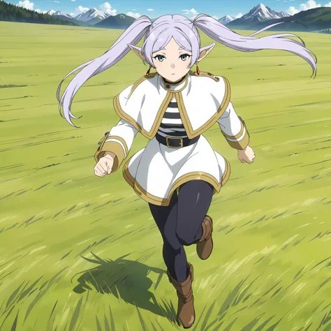 anime girl running in a field with mountains in the background