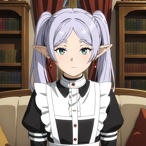 <lora:FrierenXL004>,<lora:DetailedEyes_V3:1.6>,looking at viewer,
solo,
anime screencap,
best quality,masterpiece,
Frieren,1girl,light purple hair,twintails,multicolored eyes,earrings,
cowboy shot,
maid,puffy_sleeves,gorgeous indoor,sofa,bookshelf,window_,furniture,curtains,