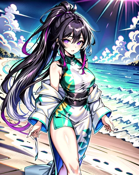 anime girl walking on the beach with a handbag