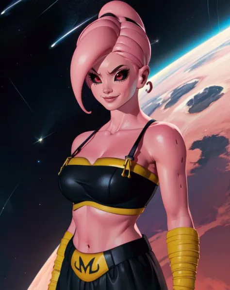 Fmajin,pink skin,solo,cowboy shot,solo,pink hair,smiling,(black sclera:1.2), red red eyes,  tentacle hair, 
baggypants,belt,tube top,cleavage,
standing,  upper body, 
outerspace,stars,meteor,
(insanely detailed, beautiful detailed face, masterpiece, best q...
