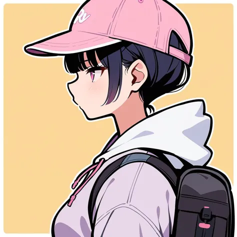 anime girl with a pink hat and backpack looking away