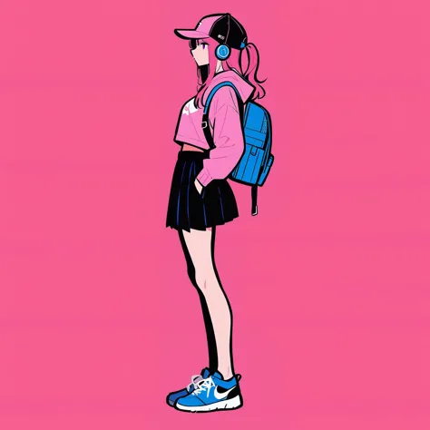 a cartoon girl with a backpack and headphones standing in front of a pink background