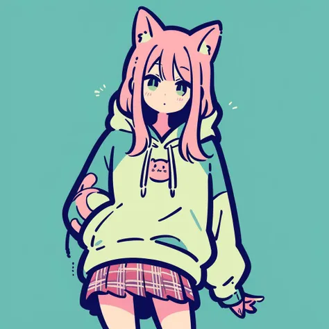 anime girl with pink hair and a cat ears hoodie