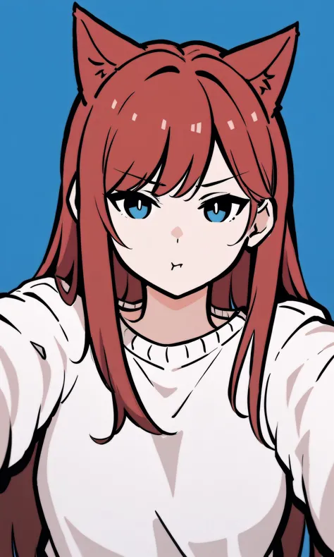 anime girl with red hair and blue eyes pointing at something