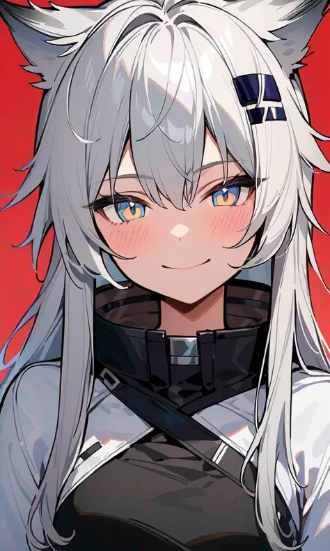 anime girl with white hair and blue eyes wearing a black and white outfit