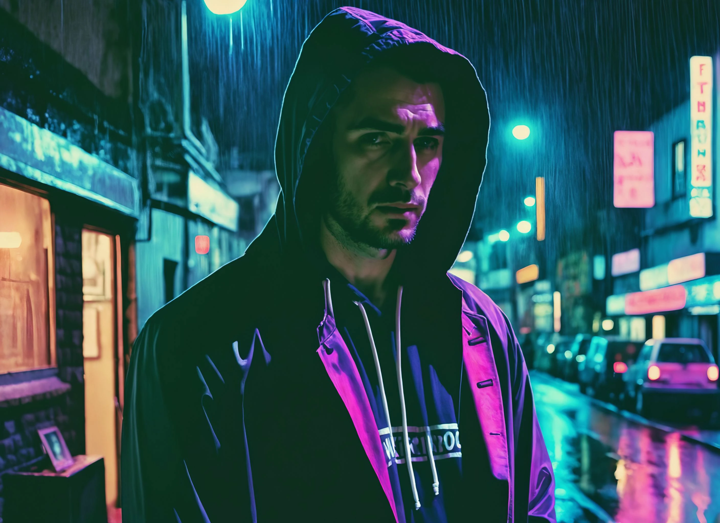 (SONG), nighttime, cyberpunk city, dark, raining, neon lights ((,Wearing a blazer over a hoodie)), blazer, hoodie, (pastel colors ), cyberpunk, synthwave, 1980s, futurism, brutalism, neuromancer, cinematic photo in a backyard, analog, the contrast in colors and textures should be distinct highly detailed, surreal, vibrant yet slightly desaturated, faded film, desaturated, 35mm photo, grainy, vignette, vintage, Kodachrome, Lomography, stained, highly detailed, found footage,Background is stunning 17th century european village scenery, detailed and intricate environment, oil painting, palette knife soft brushstrokes, heavy strokes, dripping paint, art station on trend, sharp focus, intricate details, highly detailed,art by Adrian Tomine