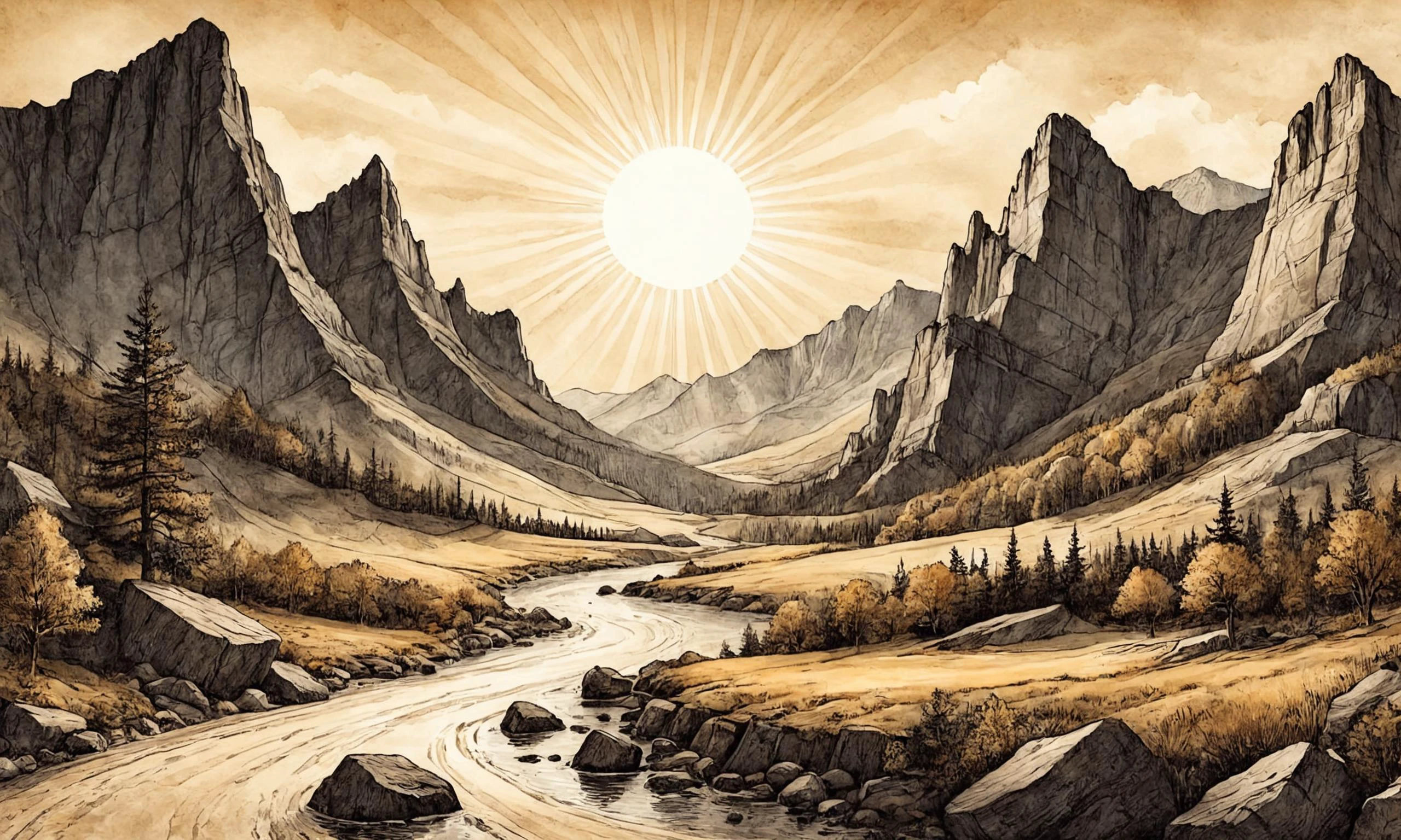 Bela ilustração digital detalhada de uma passagem nas montanhas rochosas com penhascos traiçoeiros em pergaminho, Ilustração de tinta, Os raios solares brilham sobre ele