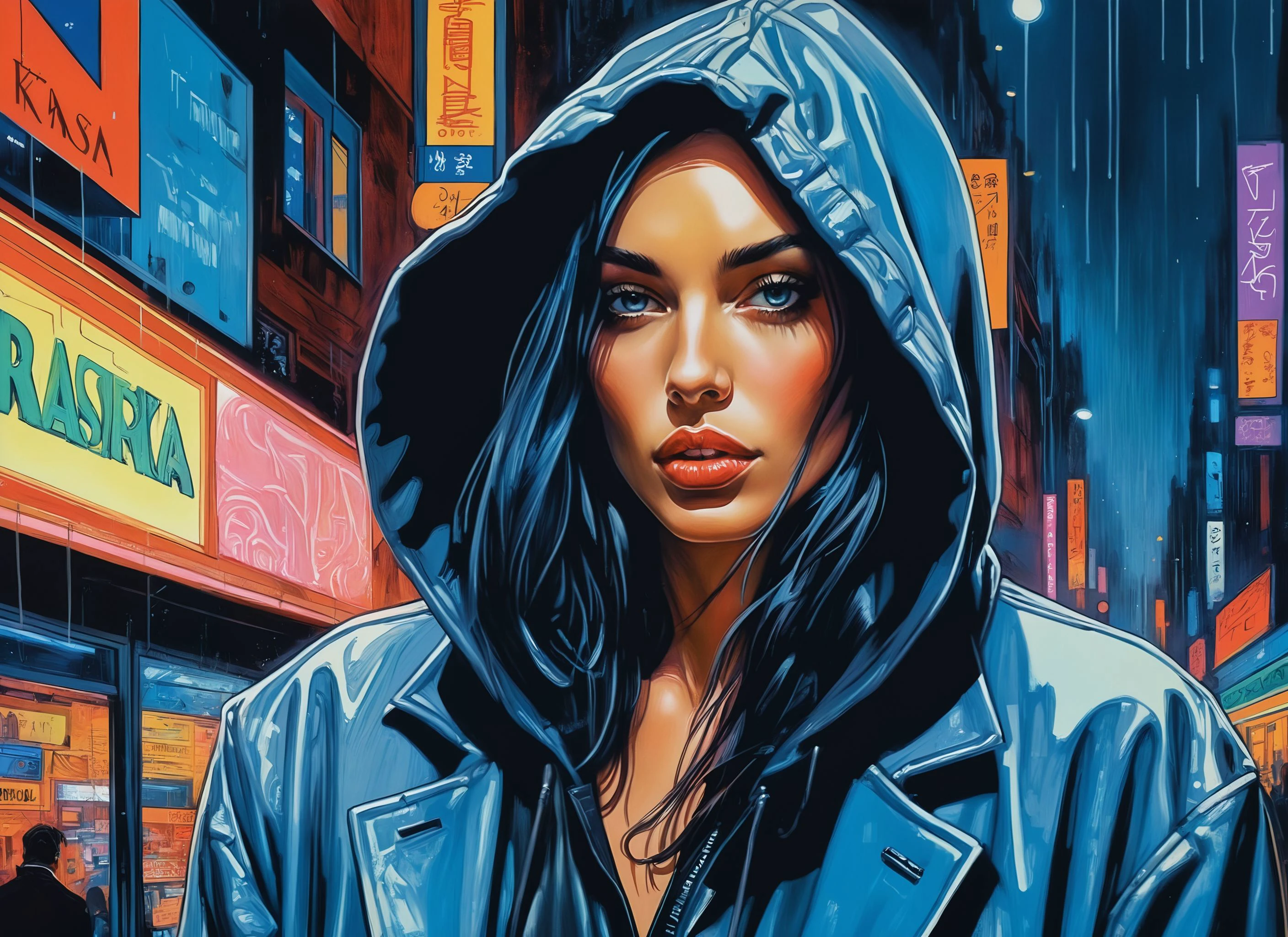 (Une fille avec un beau visage), la nuit, ville cyberpunk, sombre, Il pleut, néons ((,Wearing a blazer over a sweatshirt à capuche)), blazer, sweatshirt à capuche, (couleurs pastel ,Nuit de néon), cyberpunk, synthwave, années 1980, Futurisme, brutalisme, neuromancien, photo cinématographique dans une épicerie, ((art de Philippe de Koninck)),Illustration par Enki Bilal, illustrations de Philippe Druillet, art de Moebius, inspiré de la bande dessinée française,pastels, Clair-obscur,L&#39;arrière-plan est un superbe paysage de village européen du XVIIe siècle, environnement détaillé et complexe, peinture à l&#39;huile, coups de pinceau doux au couteau à palette, coups lourds, peinture qui coule, station d&#39;art à la mode, netteté, Détails complexes, très détaillé