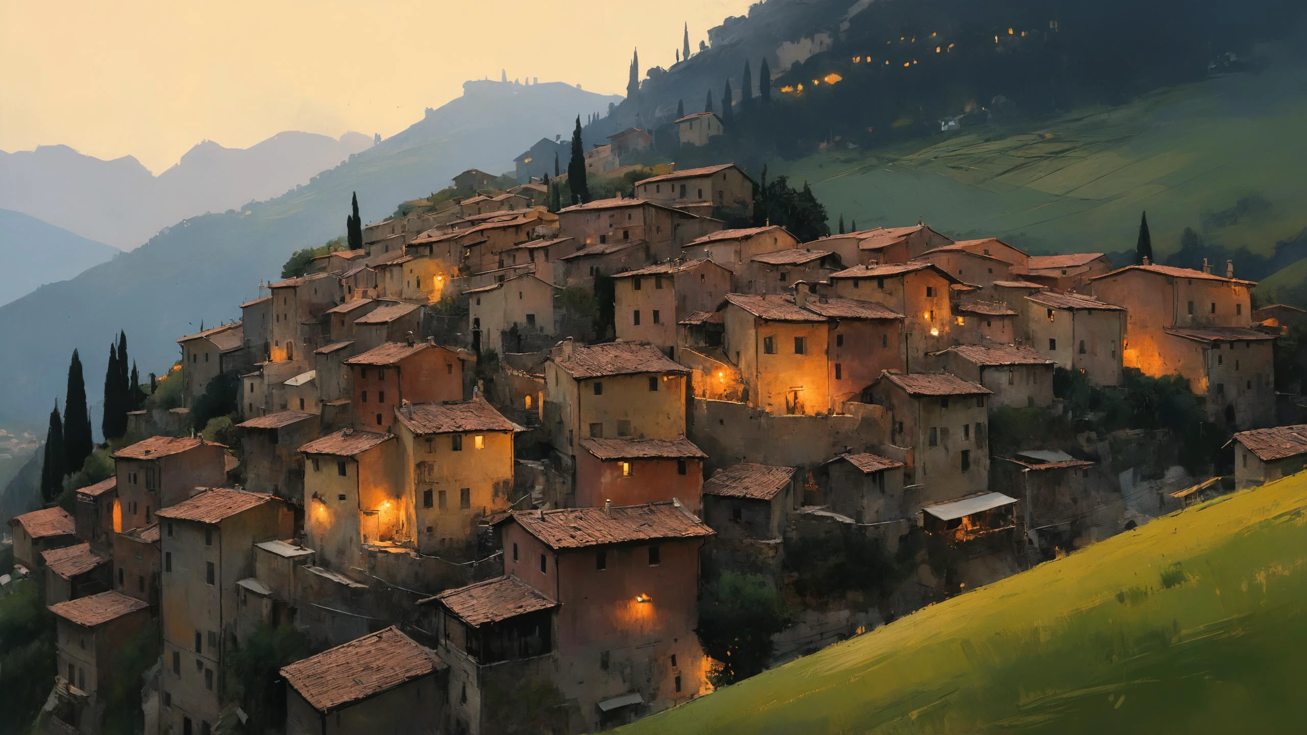 A hillside village in the Italian countryside, where terracotta rooftops cascade down the slopes, and the aroma of homemade pasta wafts through the air, AshleyWoodArtAI,, neon pastel,, sharp focus, Highly Detailed, Cinematic Lighting, HD, illustration, volumetric lighting, epic Composition, 8k, art by Akihiko Yoshida and Greg Rutkowski and Craig Mullins, oil painting, cgsociety 