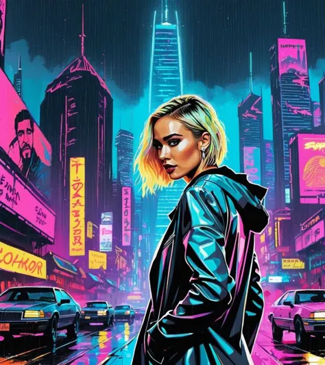 (Hayden Panettiere,a girl with a beautiful face), nighttime, cyberpunk city, dark, raining, neon lights, ((Wearing a blazer over...