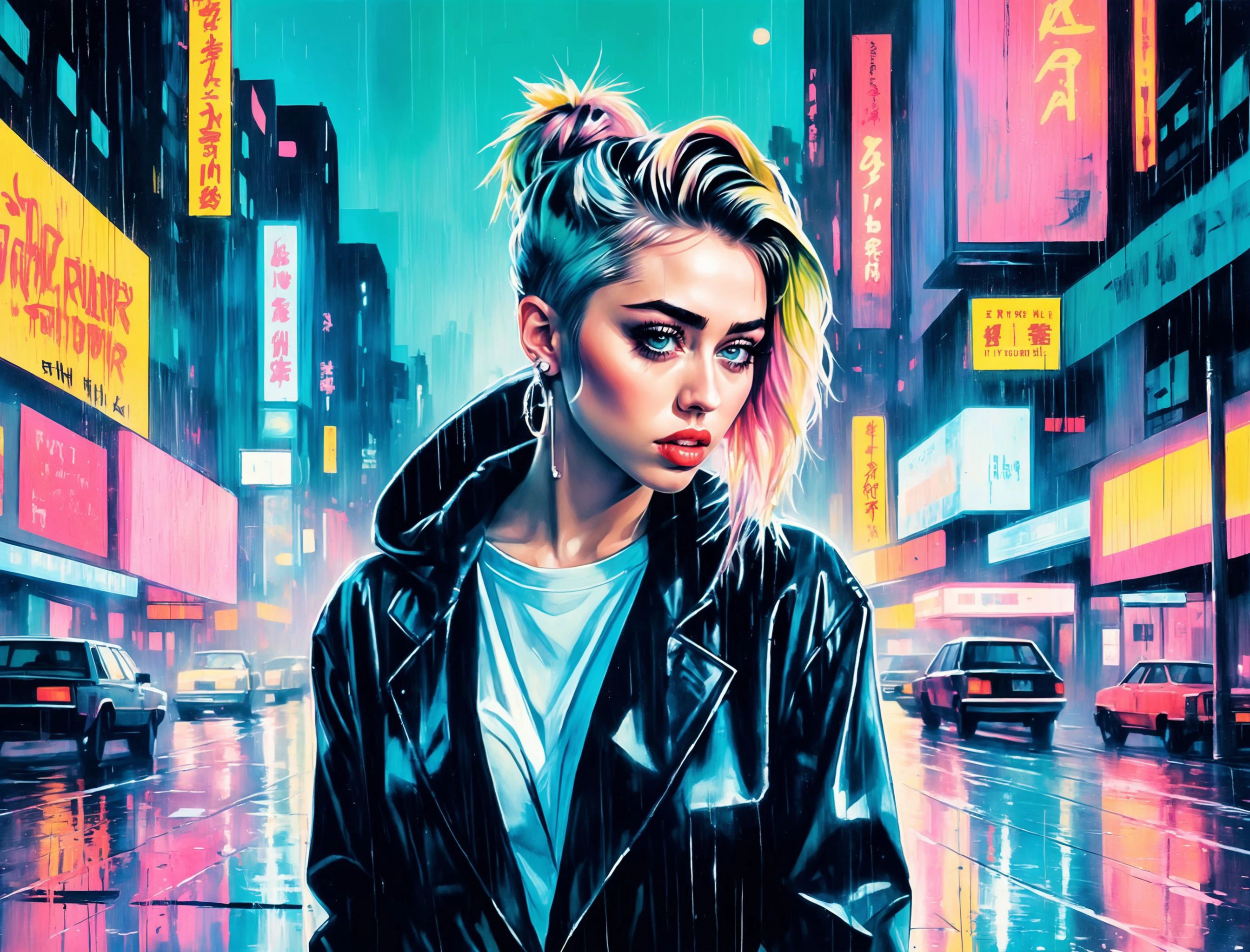 (Miley Cyrus), nighttime, cyberpunk city, dark, raining, neon lights ((,Wearing a blazer over a hoodie)), blazer, hoodie, (pastel colors ), cyberpunk, synthwave, 1980s, futurism, brutalism, neuromancer, cinematic photo in Norway, looking back at the viewer over her shoulder,,art by Agnes Cecile,analog, the contrast in colors and textures should be distinct highly detailed, surreal, vibrant yet slightly desaturated, faded film, desaturated, 35mm photo, grainy, vignette, vintage, Kodachrome, Lomography, stained, highly detailed, found footage