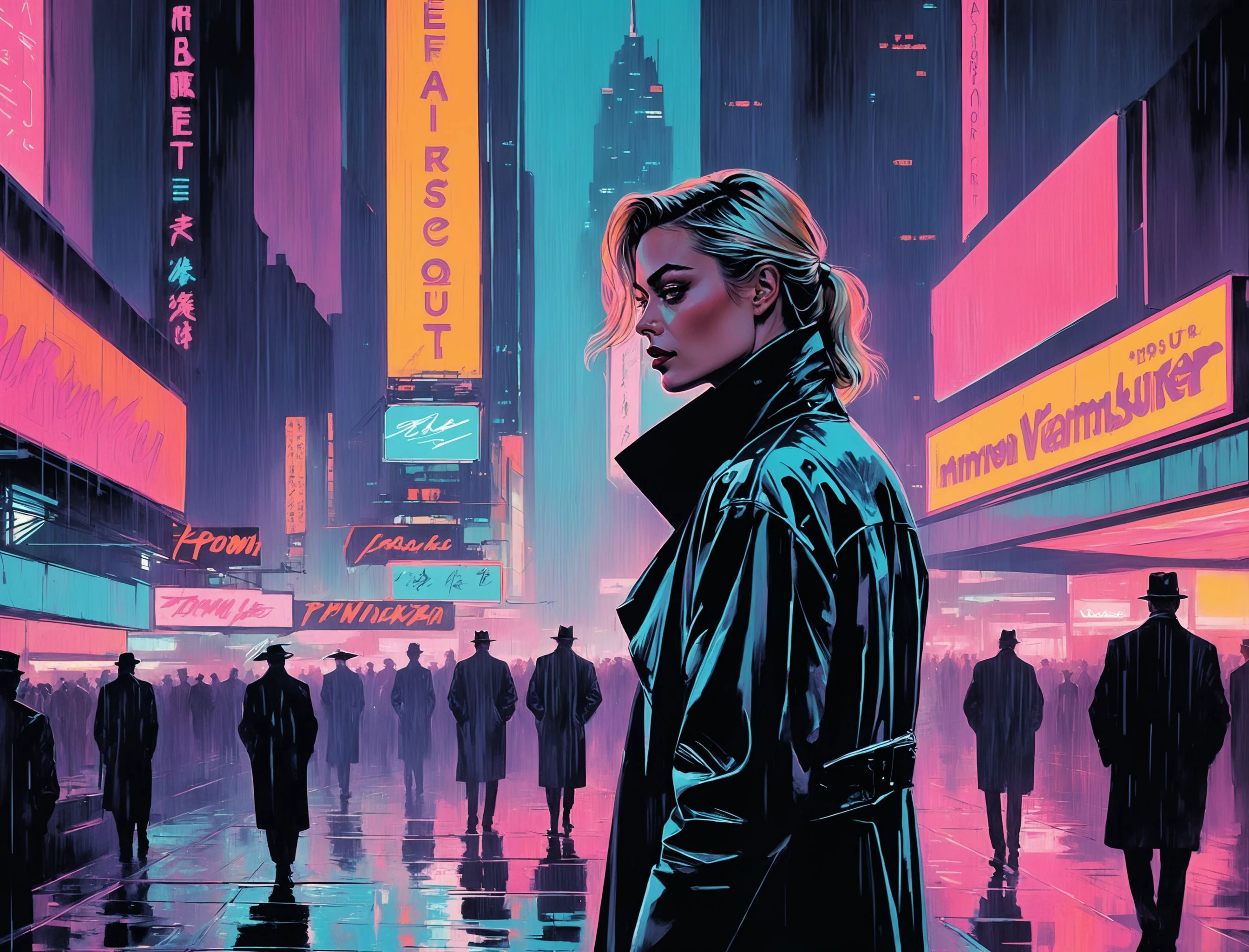 (Margot Robbie), nighttime, cyberpunk city, dark, raining, neon lights , (Syd Mead Style,pastel colors ), cyberpunk, synthwave, 1980s, futurism, brutalism, neuromancer, cinematic photo in California, art by Antoine Le Nain, art by Antoine Verney-Carron,((art by Ross Bleckner)),intimate close eye contact, intense detailed eyes,,art by Jakub Rozalski, 1920+ Poland,art by Adrian Tomine