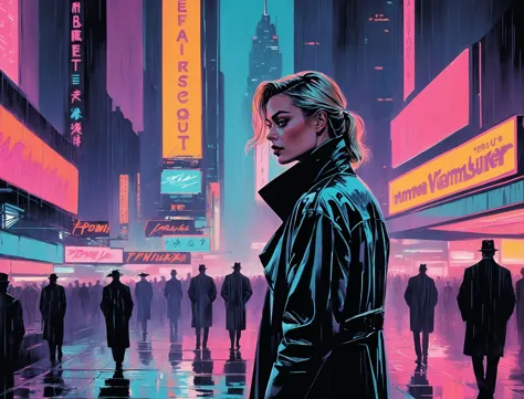 (Margot Robbie), nighttime, cyberpunk city, dark, raining, neon lights , (<lora:Syd Mead Style:0.5> Syd Mead Style,<lora:pastel_...