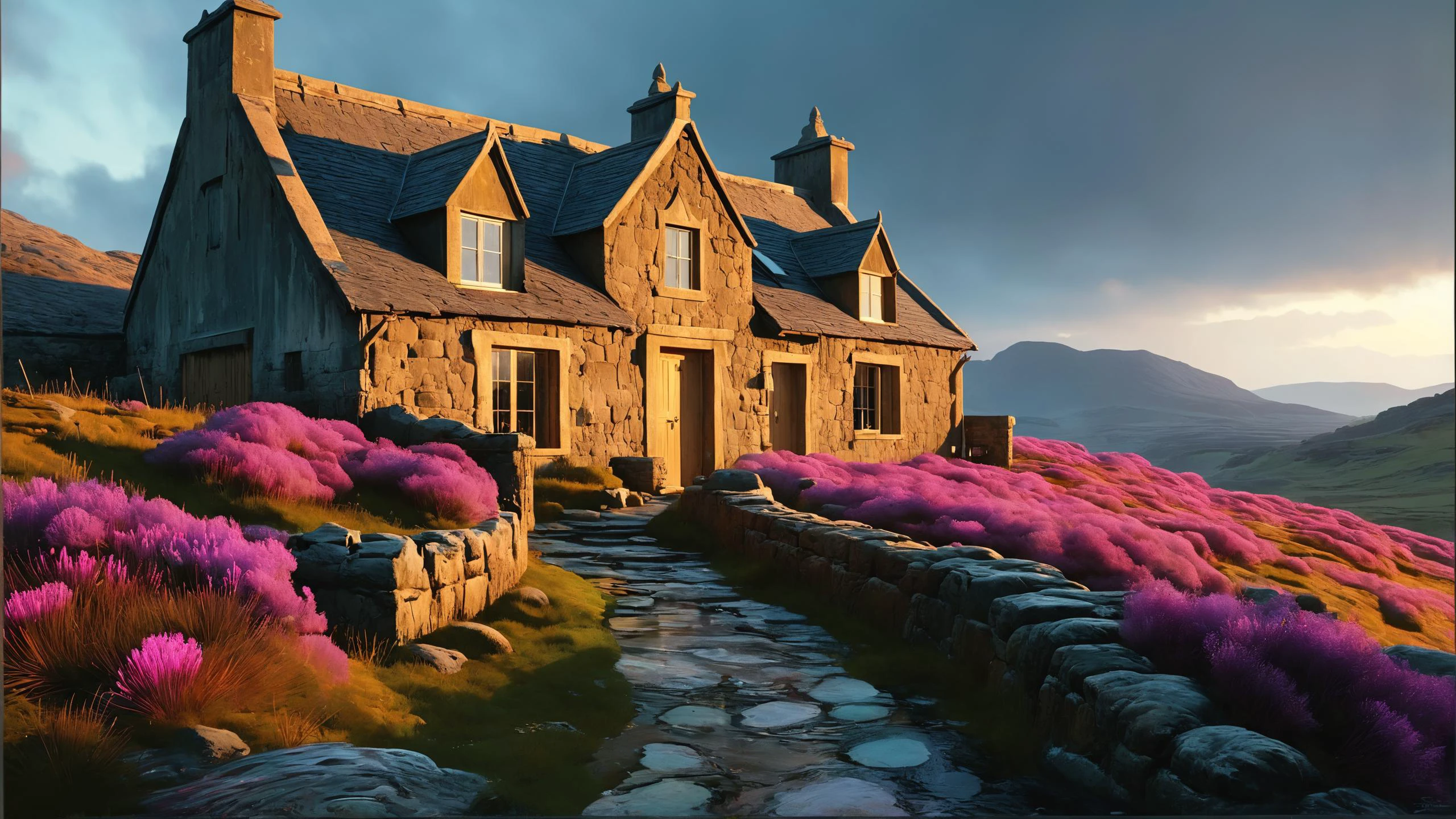 [A Scottish croft on the eDge of a winDswept moor, its stone walls weathereD by centuries of storms, surrounDeD by heather in shaDes of purple:A Deep-sea trench illuminateD by the bioluminescence of strange, außerirdische Kreaturen, their ethereal glows revealing the hiDDen Depths of the abyss:0.5],, Hintergrundbeleuchtung, Wunderschöner Spritzer lebendiger Farbe, iD magazine, a mysterious ghost town within the mountains ghibli animateD film, D&D by Michael Whelan, Bob Larkin anD Tomer Hanuka, simple white backgrounD, (((((keine Leute))))))), 8k, trenDing on artstation, Innenansicht des Badehausrahmens  