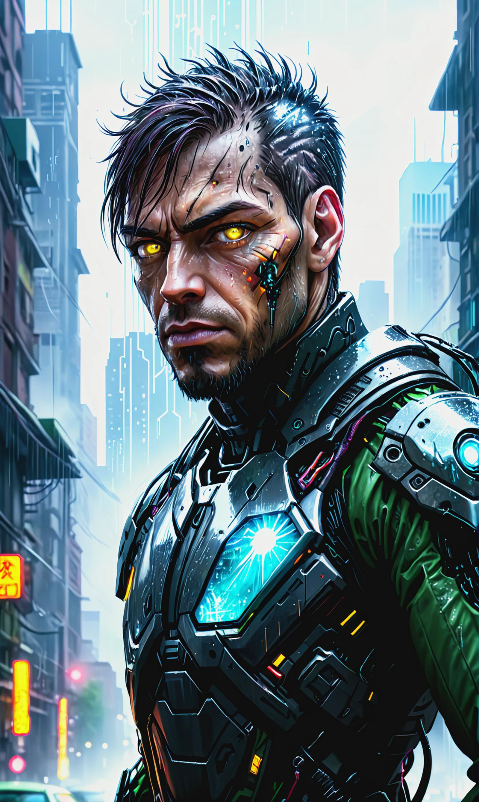 Detailliertes digitales Porträt eines Cyberpunkai-Cyborgs in einer dystopischen Stadt mit ständigem saurem Regen, Linsenreflexion,  Angst