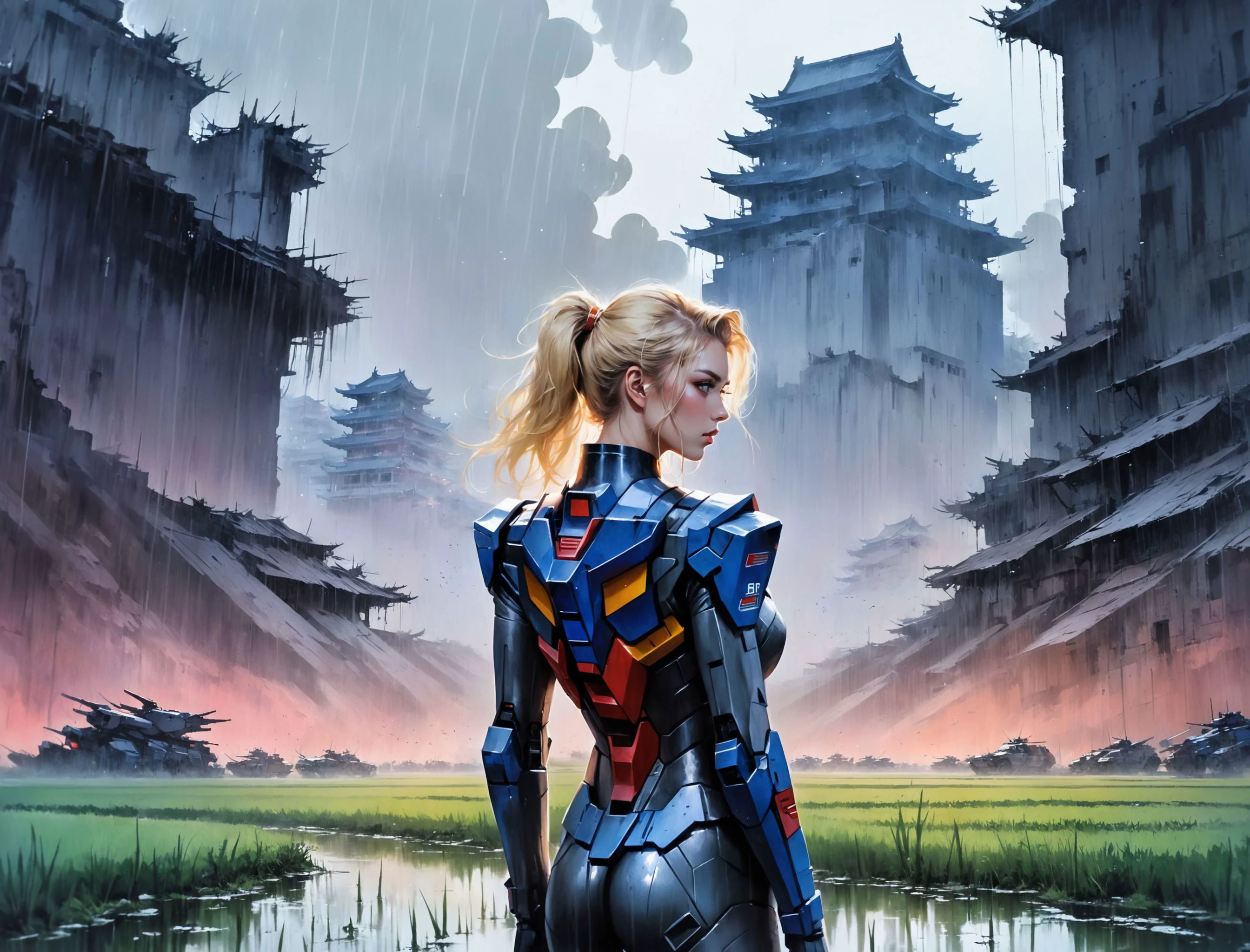 (a girl with a beautiful face), nighttime, cyberpunk city, dark, raining, neon lights , (gundam\(rx78\), mobile suit, mecha armor, body suit ,pastel colors ), cyberpunk, synthwave, 1980s, futurism, brutalism, neuromancer, cinematic photo in China, Amid the ruins of a once-majestic fortress, a soldier pauses, her silhouette ghostly against the backdrop of shifting terrains that oscillate between detailed battle maps and molten landscapes, Tornado, Barren trees, Menacing,,detailed hair, detailed hair, dirty blonde hair,art by Agnes Cecile,in a rice paddy field,Power girl, supergirl, blonde