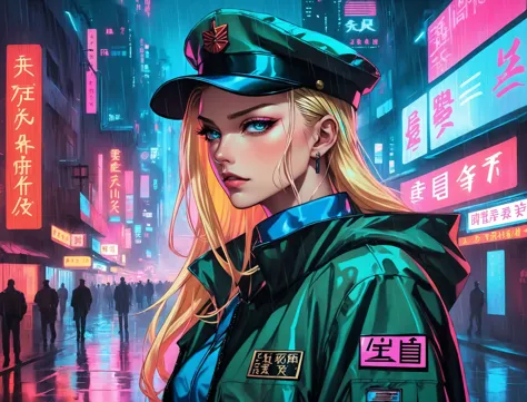 (CAMMY), nighttime, cyberpunk city, dark, raining, neon lights , (<lora:pastel_colors_xl_v1:0.8> pastel colors ,<lora:Cyber_Background_sdxl:0.5>), cyberpunk, synthwave, 1980s, futurism, brutalism, neuromancer, cinematic photo in China, detailed hair, cyberpunk hair, blonde hair,(wearing a parka,wearing a military uniform with a collar, military cap,super hero short cape),Radial balance, Sunrise, Water, Ellipse, ultra detailed, intricate,