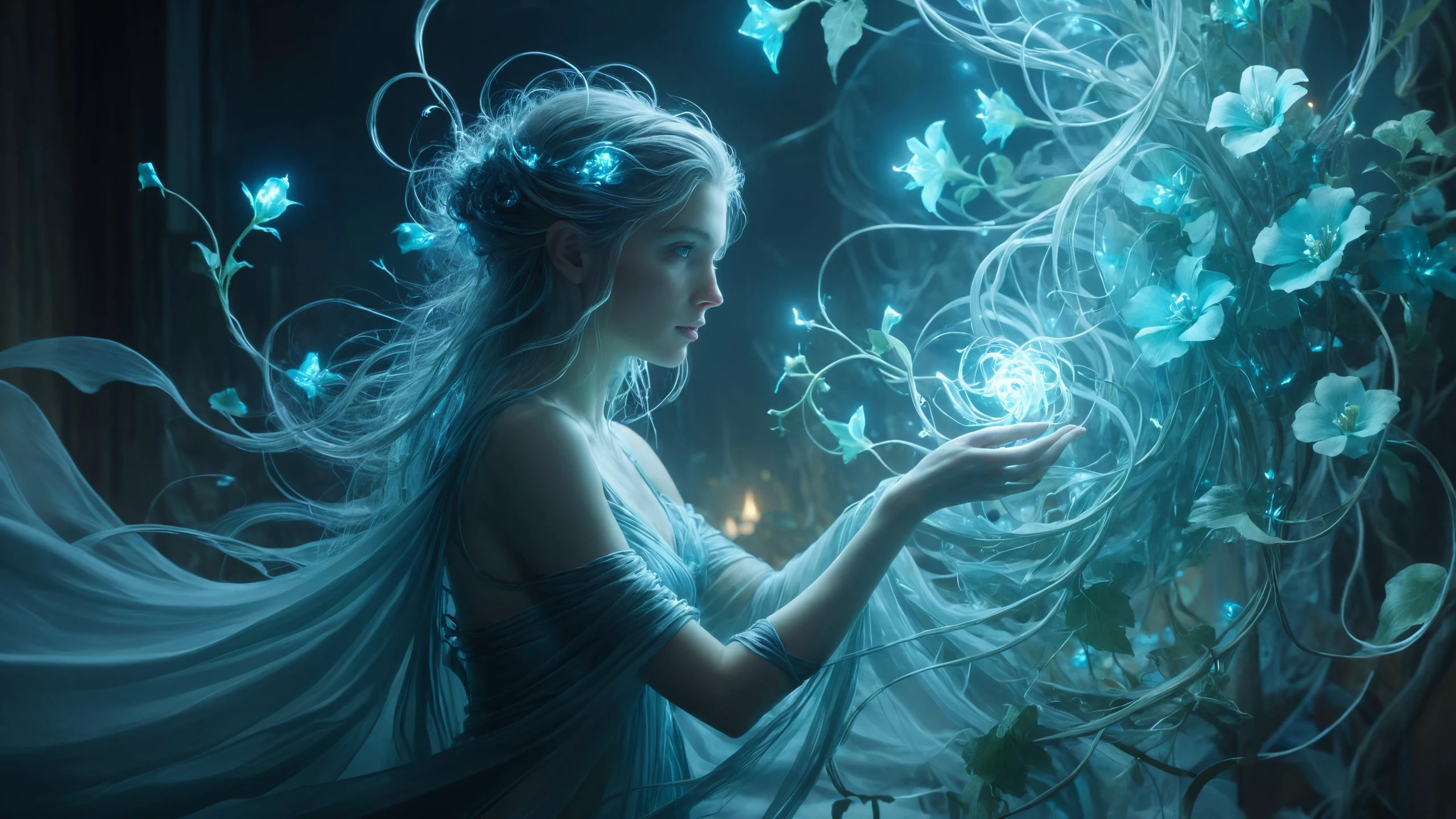 tempestmagic Invasive vines with paralyzing toxins,, Candlelight,, sharp focus,  ethereal transparent cloth with a cyan glowing bloom, detailed, cinematic lighting, by Artgerm, Rutkowski, Mucha Klimt, Craig Mullins and, exoskeleton, digital art, trending on artstation