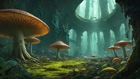 The ruins of an alien civilization, Luminous fungi carpeting the forest floor in the background, <lora:add-detail-xl:0.4>, dynamic lighting, <lora:TShirtDesignRedmondV2-Tshirtdesign-TshirtDesignAF:0.8> TshirtDesignAF, <lora:pastel_colors_xl_v3:0.7>