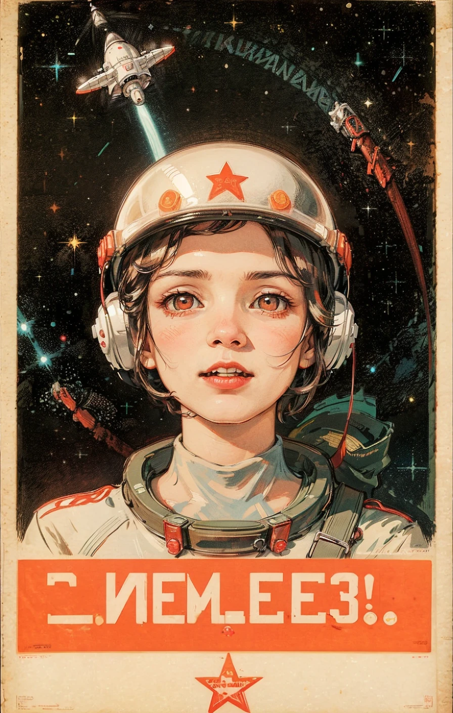 1girl,flat_breasts,cute,beautiful detailed eyes,shiny hair,visible through hair,hairs between eyes, CCCPposter, sovietposter,red monochrome,soviet poster, soviet,communism,
Black_hair,red_eyes,vampire,teenage,poorbreast,Spacesuit:Orange_clothing_body:jumpsuit),white_gloves, white_space shoes, white_helmet, the CCCP red letters on the top of helmet, weightlessness, Side light, reflection, The person in the spacesuit is at the bottom left of the frame, The right hand is outstretched, the right hand gently touches the Salyut space station), Space station in the upper right corner of the screen, Reflected light from the sun, Silver metal,red flag, brilliance,USSR style, diffuse reflection, Metallic texture, The vista is a blue Earth,mecha style,the sea of star,high tone, magnificent