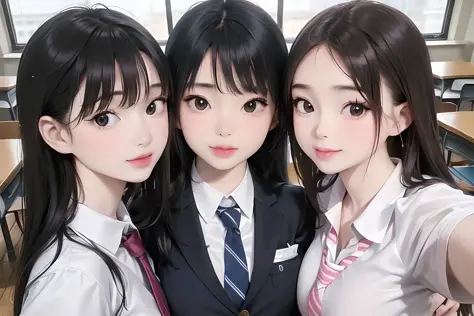 (photorealistic:1.3), (3girls:1.6),
setting, a photograph of a 1girl student taking (front facing camera selfie:1.6) and of the (2 other girl student beside her:1.3),

(they all wearing schoolgirl uniform:1.1), one has a black long hair, one has a short bl...