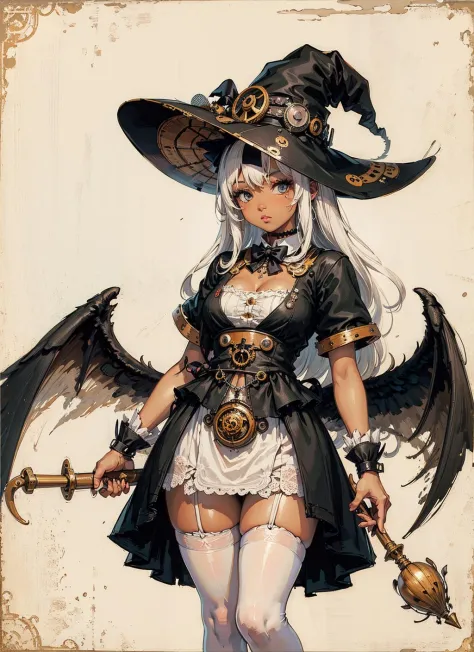 1girl, (steampunkai:1.1),(Tattered clothes:1.1),long white hair, (white stockings:1.1),white large witch hat,witch costume, (black wings),Ride broomstick, dark skin,