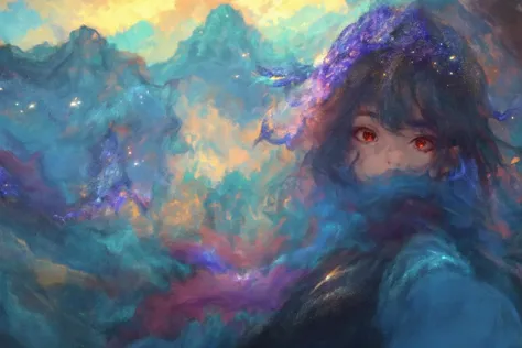 anime girl with blue hair and red eyes looking at the sky