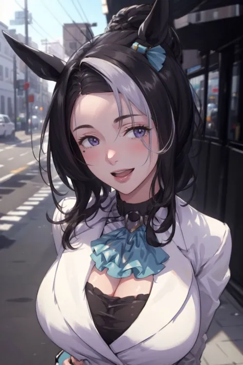 a woman with black hair and blue eyes standing on a street