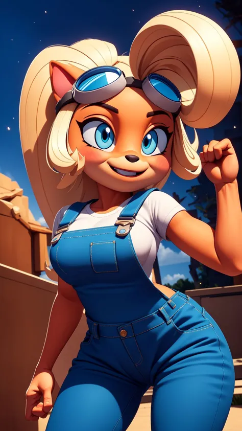 <lora:coco:0.8>,coco,furry,yellow fur,breasts,long hair,looking at viewer,blush,goggles on head,smile,overalls,body fur,two-tone...