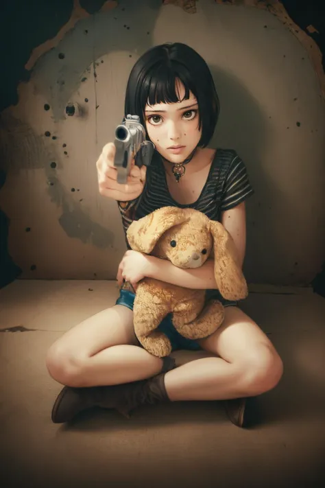 a girl (wearing long shorts:1.3) (pointing a gun at viewer:1.1) and a stuffed animal in her lap, (sitting on the floor with her ...