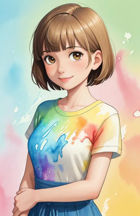 (masterpiece, best quality, absurdres:1.2), a woman with straight short hair with bangs, upper body, slight smile, colorful wate...