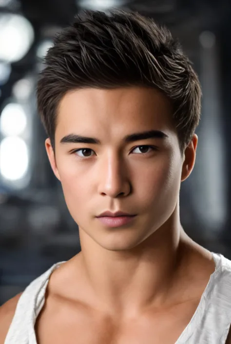 a close up of a young man with a white tank top