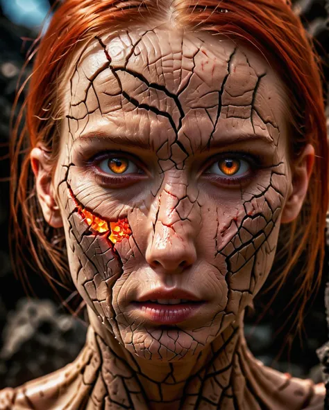 a close up of a woman with a cracked face and red hair