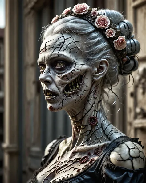 a close up of a woman with a skeleton face and flowers in her hair