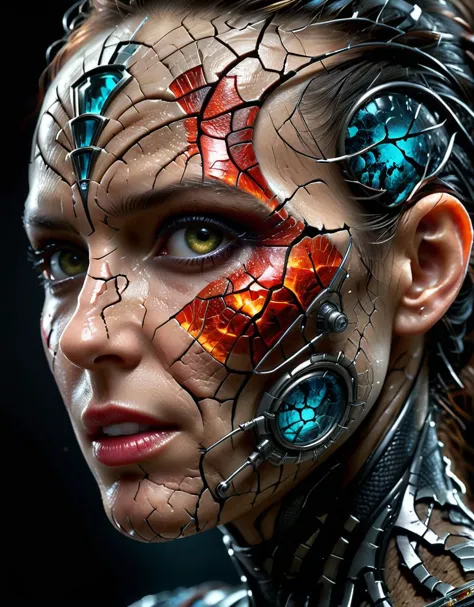 a close up of a woman with a futuristic face and head piece