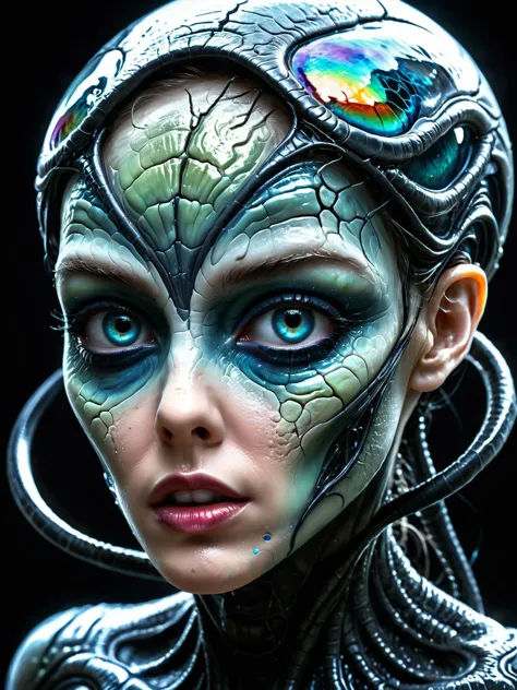 strange (sci-fi alien girl:1.2) seducing with her stunning iridescent huge eyes and beautiful kssing lips, cinematic film still,...