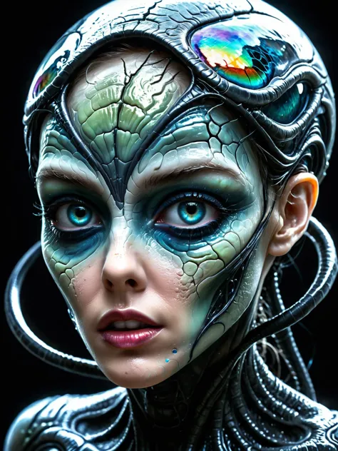 extraño (sci-fi alien girl:1.2) seduciendo con sus impresionantes ojos enormes iridiscentes y sus hermosos labios besadores, película cinematográfica todavía, luz volumétrica, paisaje lujurioso húmedo y viscoso, Fondo difuso, krawck_skn 