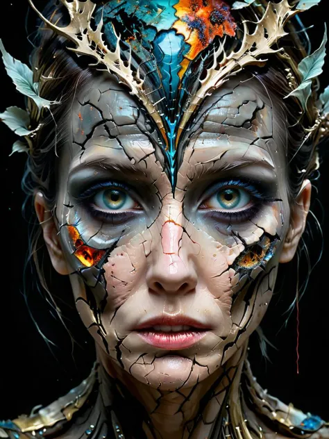 a close up of a woman with a face painted like a bird