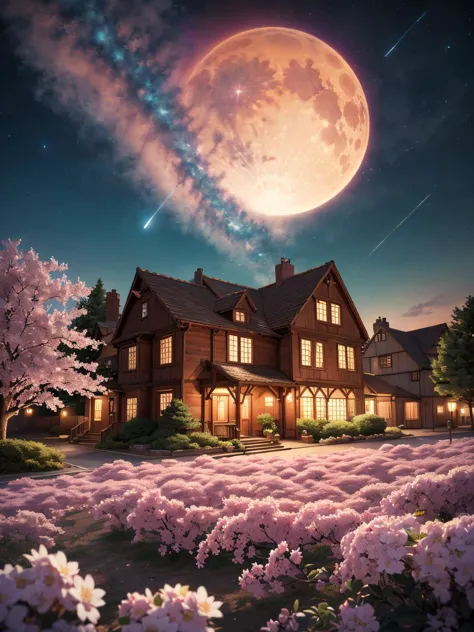 a house with a full moon in the sky and flowers in the foreground