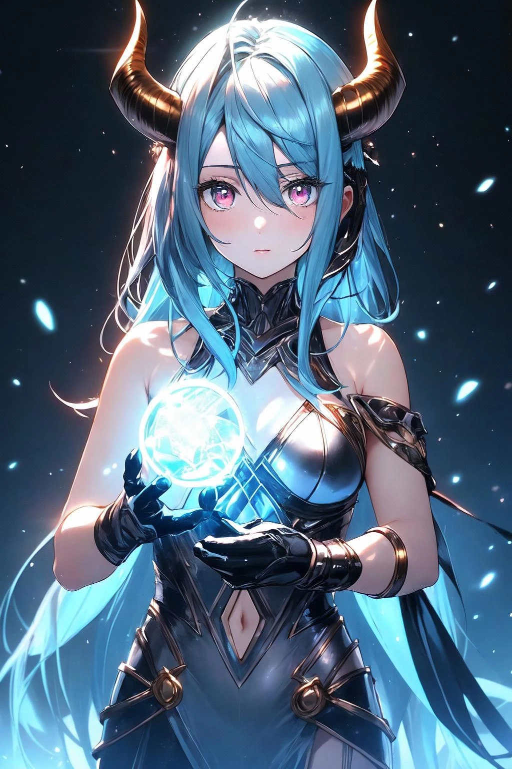 (masterpiece, best quality:1.2), (absurdres, highres, ultra-detailed), (perfect anatomy), BREAK , realistic, 1girl, blue hair, horns, multicolored eyes, glowing, blue eye, purple eye, bare shoulders, demon eyes, magic circle, light particles, light rays, wallpaper