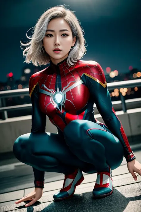 RAW photo, photo-realistic, ((Roseann Park)) as Spider Gwen, (teal  base suit color), ((armor, iron spider,)) , flat shoes , spi...