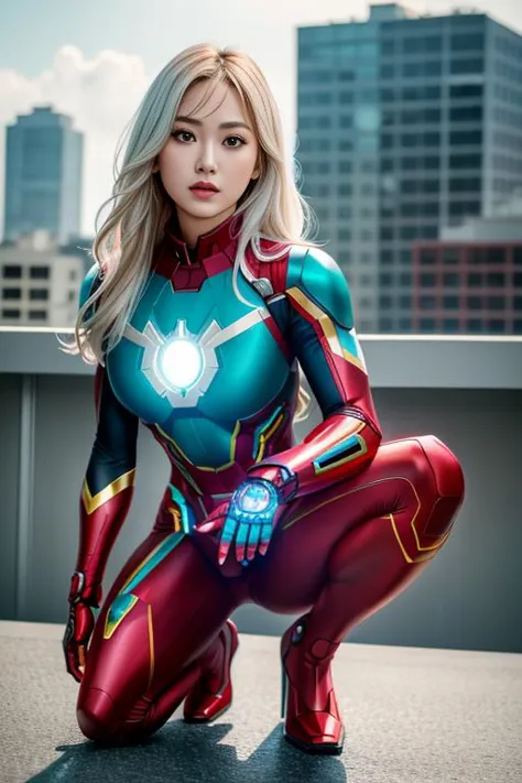 RAW photo, photo-realistic, ((Roseann Park)) as Spider Gwen, (teal  base suit color), ((armor, iron man, iron spider,)), high he...