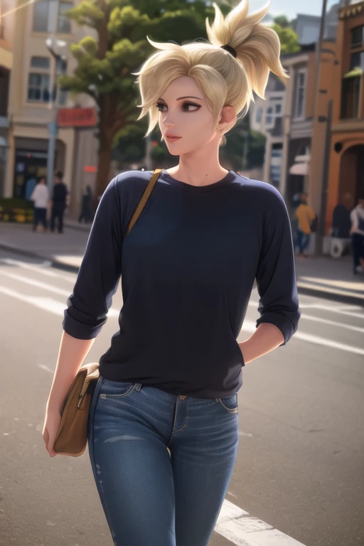 mercy, ropa casual, camisa, vaqueros, Cola de caballo alta, calle de la ciudad, luz de sol, mejor calidad