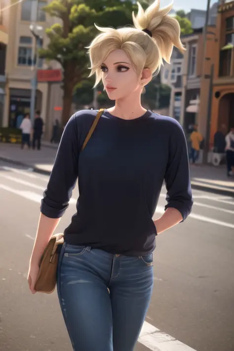 mercy, casual clothes, shirt, jeans, high ponytail, city street, sunlight, <lora:mercyOverwatchLORA_v1:0.7>, best quality