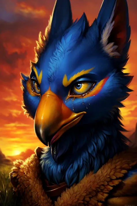 a close up of a bird with a blue face and yellow eyes