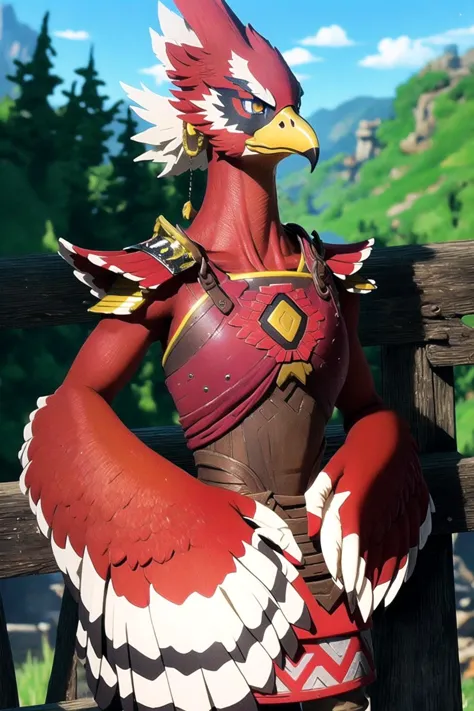 rito, ((red body)), solo, winged-arms, talons, clothed, masterpiece, beautiful, detailed eyes